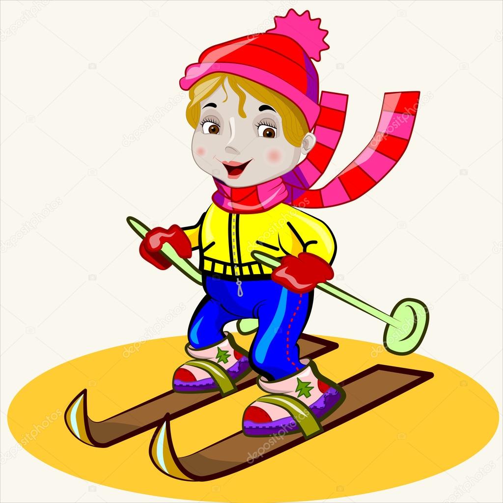 Cartoon vector Illustration of cute funny little sports girl on skiing