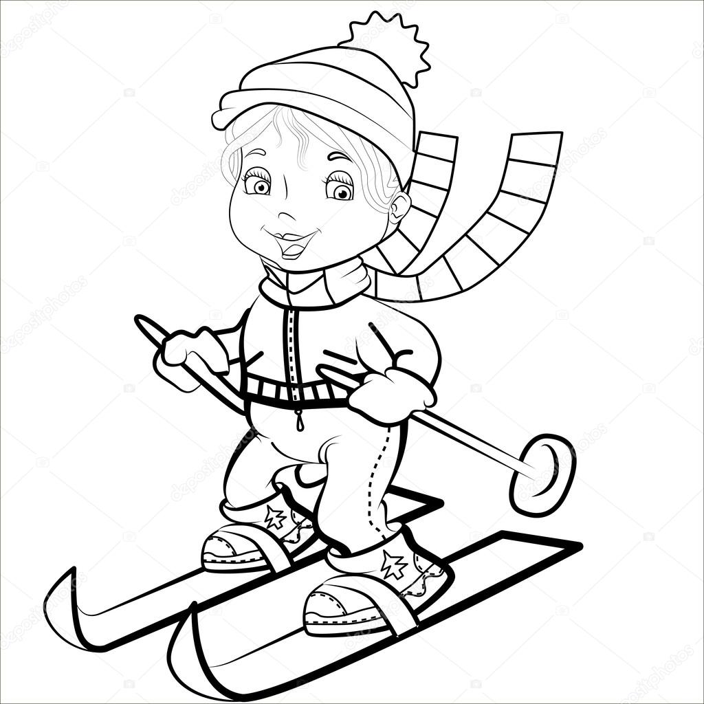 Cartoon vector Illustration of cute funny little sports girl on skiing