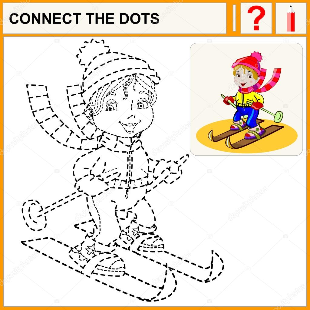 Connect the dots, preschool exercise task for kids, vector Illustration of cute funny little sports girl on skiing. Isolated.Blac