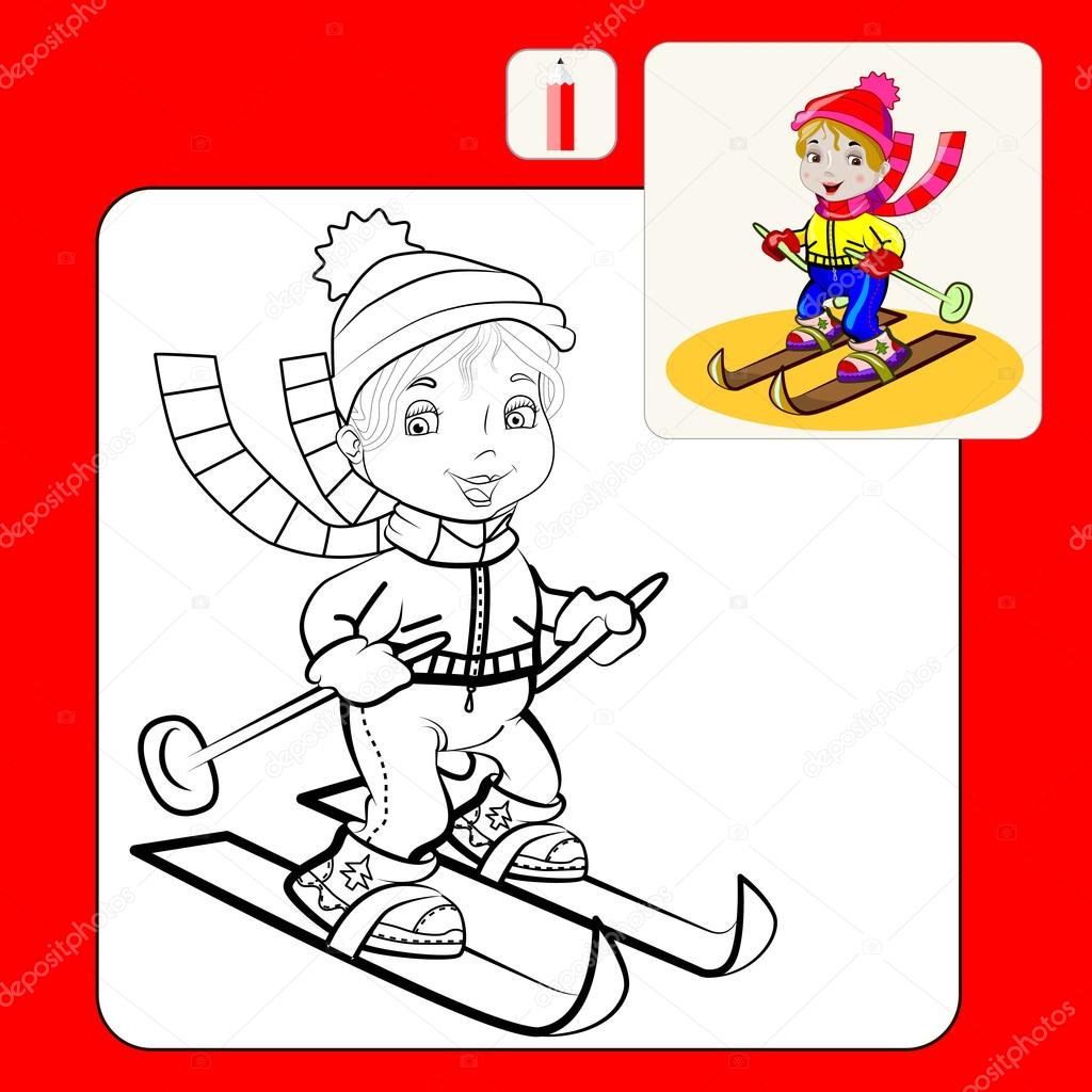 Coloring Book or Page Cartoon vector Illustration of cute funny little sports girl on skiing