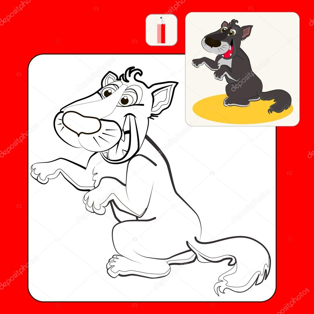Coloring Book or Page Cartoon Illustration of cute wolf with happy face for Children.