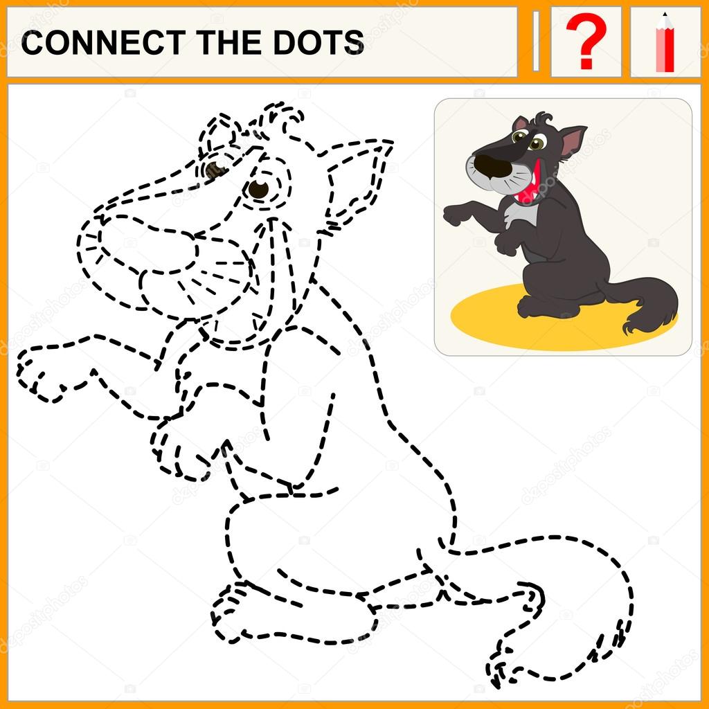 Connect the dots, preschool exercise task for children, of cute wolf with happy face.