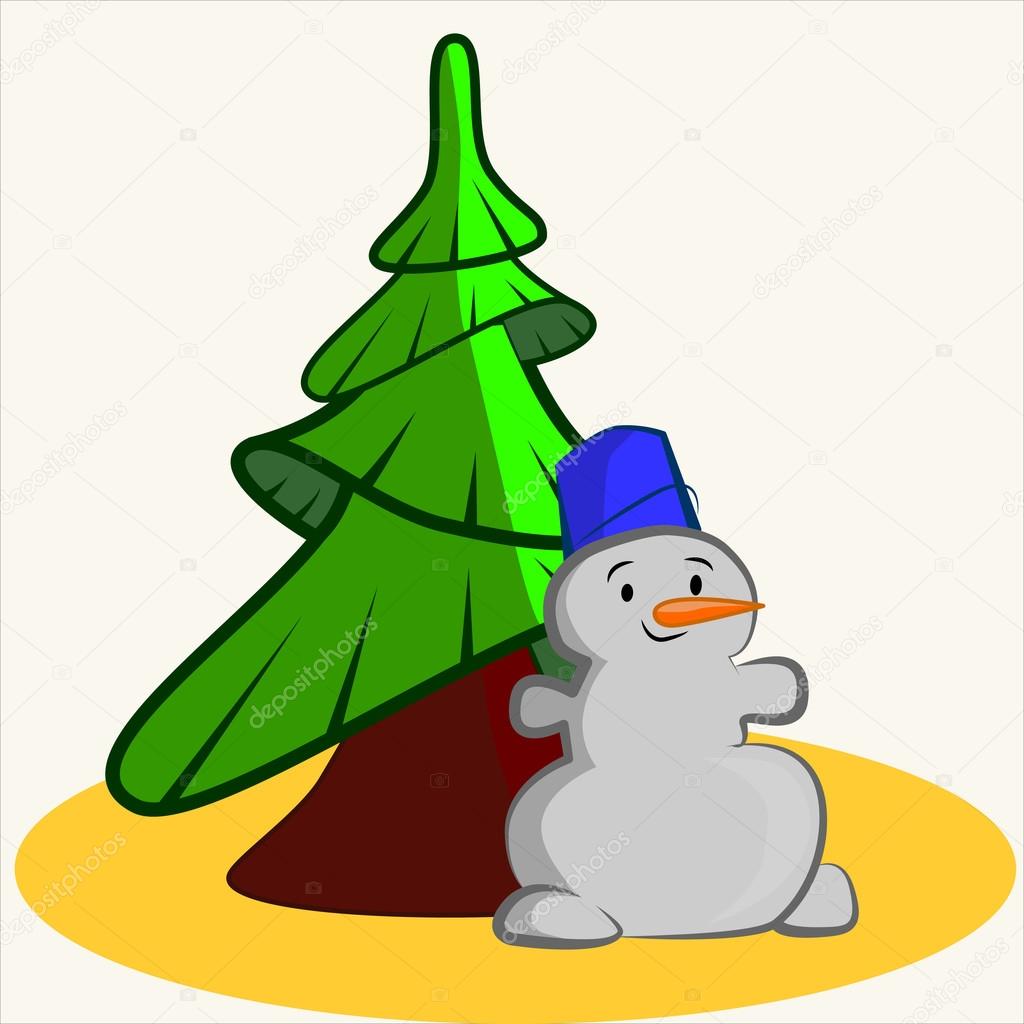 Cartoon vector Illustration of cute funny snowman with fir tree