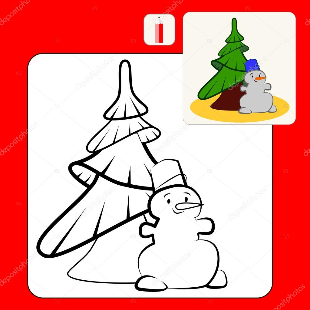 Coloring Book or Page Cartoon Illustration of snowman and fir tree for Children.