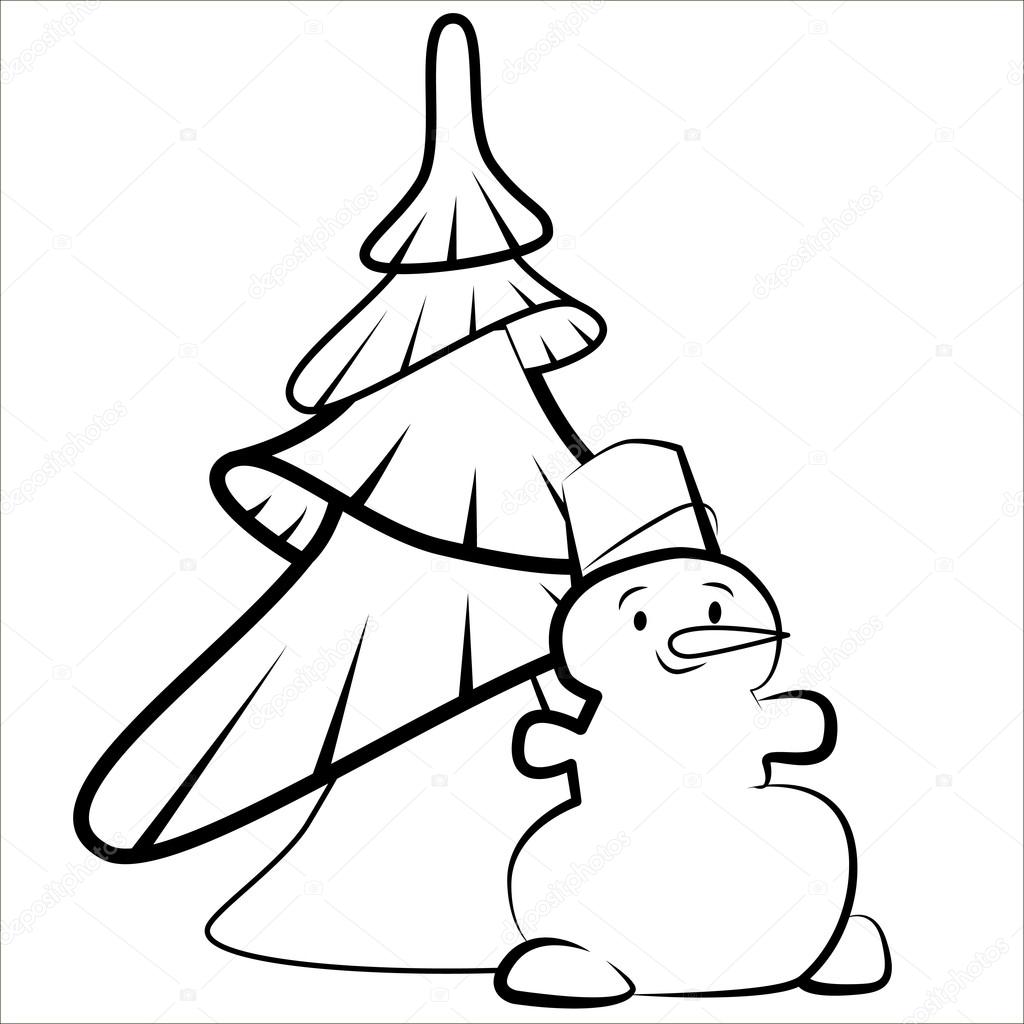 Cartoon vector Illustration of cute funny snowman with fir tree. Isolated. Black