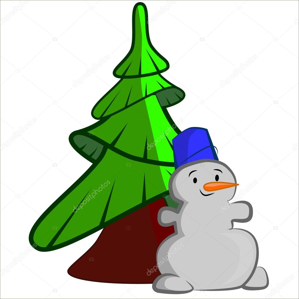 Cartoon vector Illustration of cute funny snowman with fir tree. Isolated.