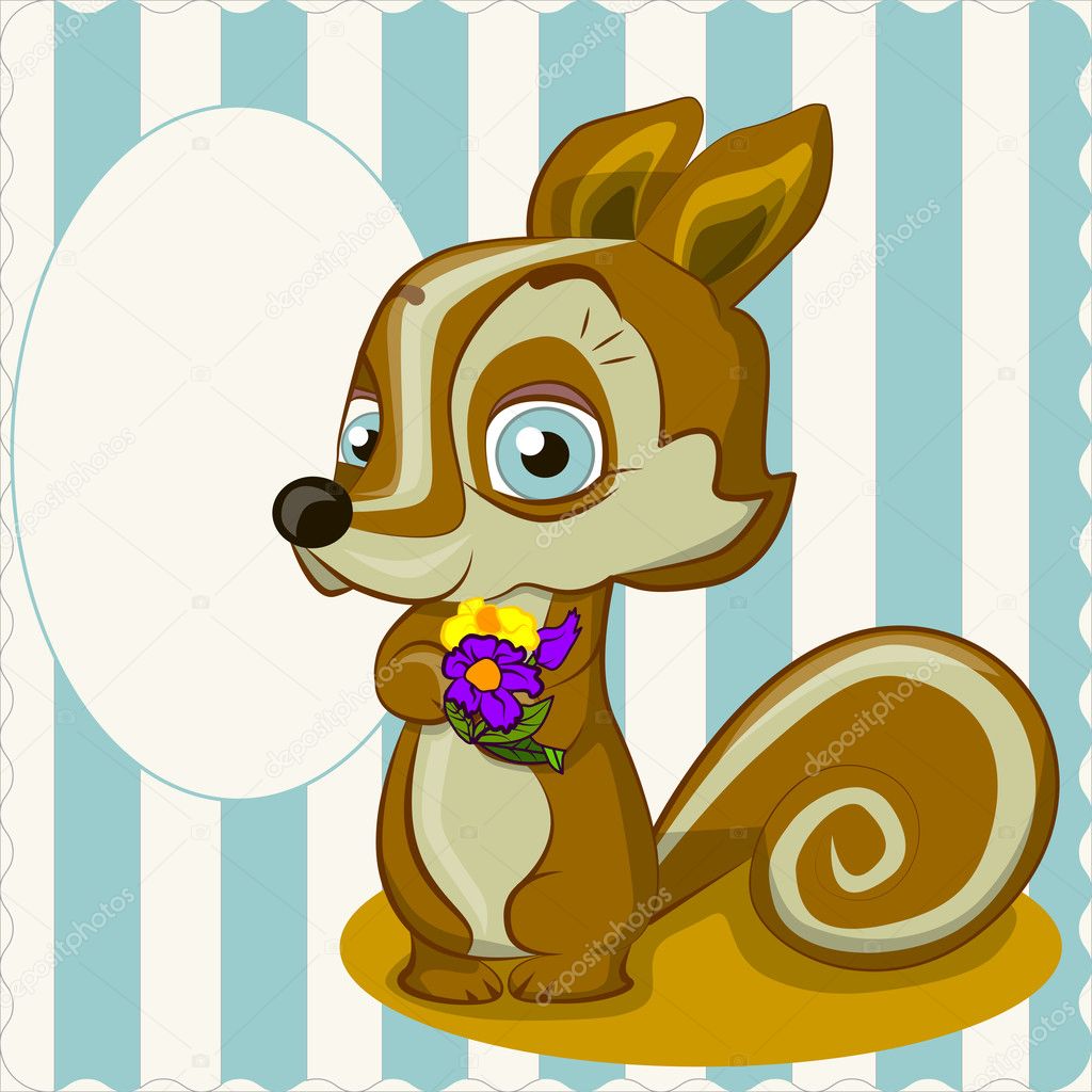 Cute chipmunk  with flowers greeting card. Vector illustration.