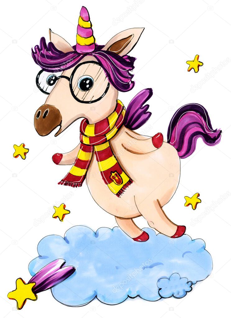 cartoon style illustration children fabulous pink unicorn in a scarf and glasses humanization character funny bright milosketch markers pencils garry potter fan 