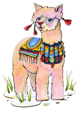 Çocukların çizimleri kurşun kalemlerle ve boyalarla sevimli, komik, hayvan alpaka lama pembe süslemelerle parlak çizgi film tarzı çocuk odası