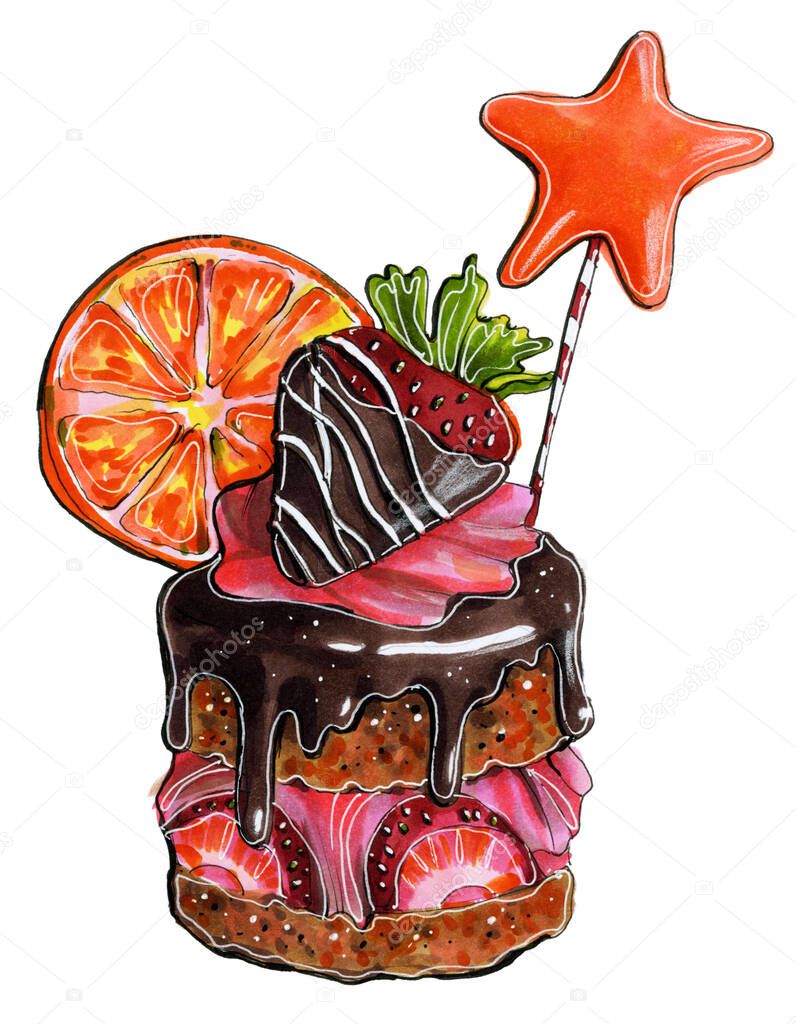hand drawn illustration chocolate paste cream cupcake cake pastry chef sweet tasty meal food delicious orange red strawberry star topper markers watercolor