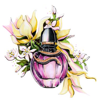 El çizimi moda tasviri. Parfüm şişesi çiçek buketi. Gül zambağı bitkileri.