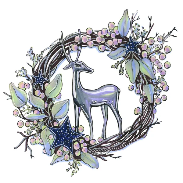 New Year Christmas Holiday Postcard Element Winter Silver Metallic Deer — Stock Photo, Image