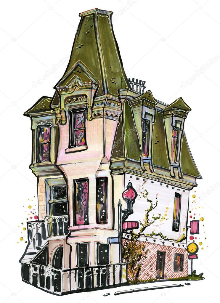 old european architectural style city mansion house with green roof with lanterns and beautiful stained glass windows ornament hand drawing sketch illustration markers colored pencils