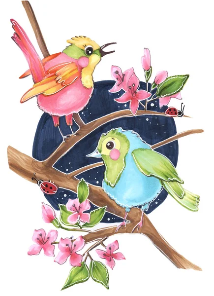 お子様イラスト可愛いカラフルな鳥ピンクと青桜やリンゴの木の手の花の枝に座って部屋やはがきのためのアイデアを描く — ストック写真