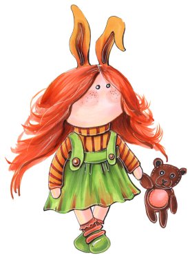 Yeşil elbiseli kızıl saçlı bebek ve oyuncak ayılı tavşan kulaklı çocuklar için güzel bir çizim. 