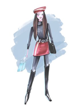 Kırmızı bereli ve yüksek çizmeli sonbahar tarzında çizim ve dijital moda resimli alışveriş temalı kız.