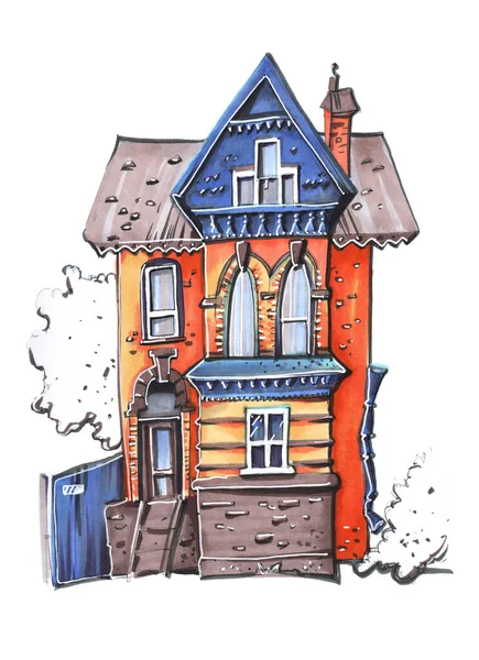 Schizzo Illustrazione Stile Cartone Animato Mattone Arancione Casa Con Finestre — Foto Stock