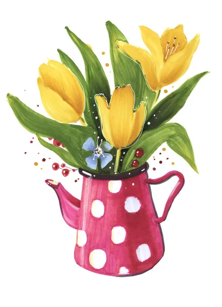 children\'s illustration cartoon style sketch with red teapot with polka dots with yellow tulips on a white background