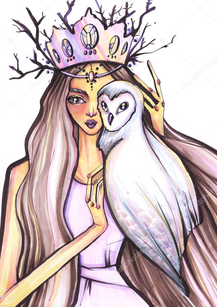 Hand drawing stylized portrait of a girl in a lilac dress and brown hair with a white polar owl mystical image of a forest fairy