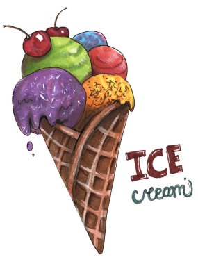 Waffle külahında çocuk tarzı dondurma. Kırmızı yeşil renkli toplar. Beyaz arka plan ve el yazması iki kiraz.