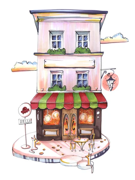 Architectural Sketch Drawing Markers European Streets Quiet House Cafe Colored — Foto de Stock