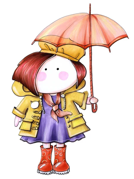 cartoon style sketch  for children illustration autumn outfit doll girl with bob hairstyle in a yellow cloak with a beret on her head, a purple dress and an orange umbrell