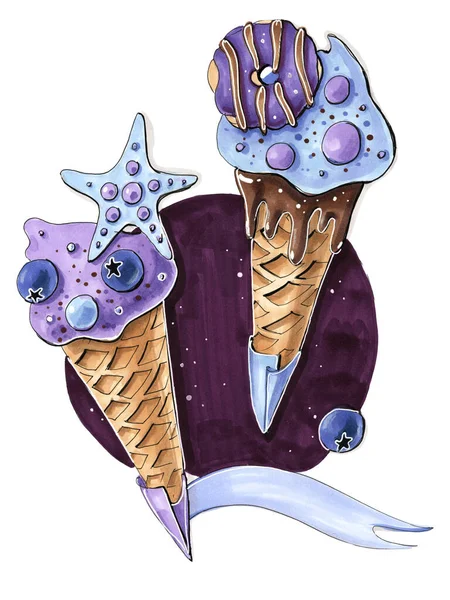 Handzeichnung Skizze Cartoon Stil Essen Süßes Eis Zwei Waffelkegel Mit — Stockfoto
