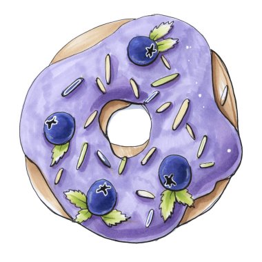 Beyaz arkaplan hamuru, eflatun ve yaban mersini kreması üzerine çizgi film tarzı yemek illüstrasyon donutuyla el çizimi.