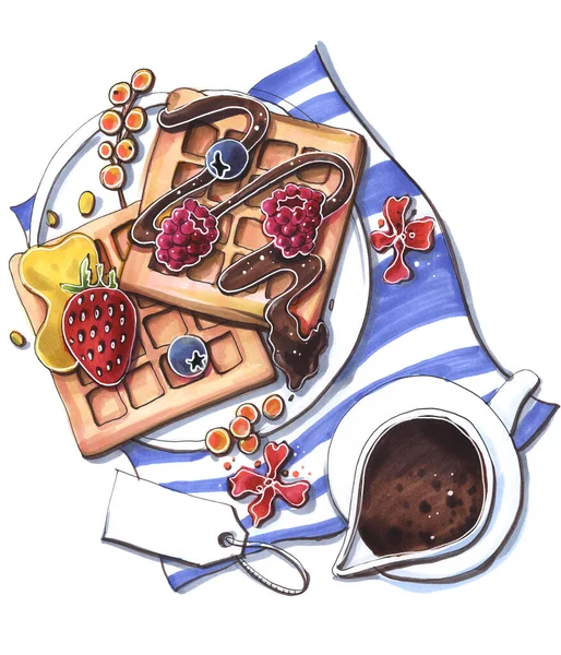 Ręka Rysunek Szkic Ilustracja Markerów Jedzenie Zdrowe Śniadanie Gofry Miodem — Zdjęcie stockowe
