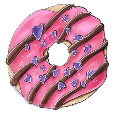 Çocuk çizgi film stili yemek çizimi beyaz bir arka planda zarif pembe renkli tatlı çörek dekorasyon kalpleri ile