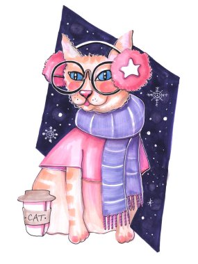 El çizimi karikatür çocuksu stili, keçeli kalemler, kışlık kıyafet gözlükleri, mor arka planda bir bardak kahve ve kar taneleri.