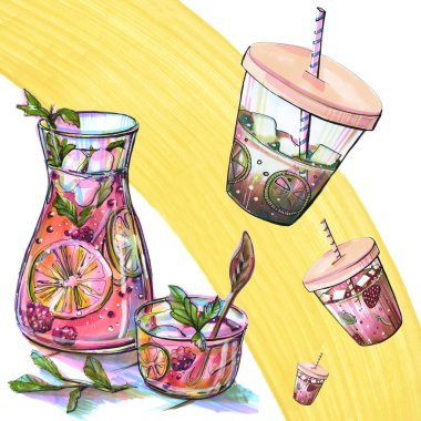 karikatür çizen el kare desenli yiyecek, limonlu doğal limonata ve pipetli nane üzümlü böğürtlen ve bir sürahi içinde içecek.