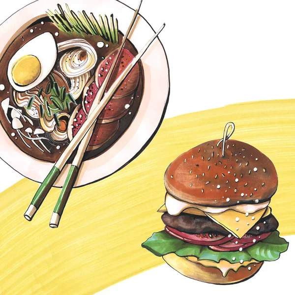 Эскиз Иллюстрации Маркеры Квадратный Шаблон Меню Блога Быстрого Питания Китайской — стоковое фото