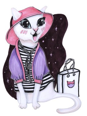 Şirin çizim işaretleri çocukların çizgi film stili şapkalı komik beyaz kedi ve alışveriş çantalı çizgili bluz.