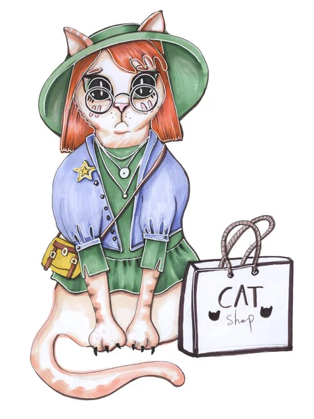 Komik çizim tasviri. Kırmızı saçlı, şapkalı, sezonluk kot ceketli, yeşil elbiseli şirin kedi alışverişi.