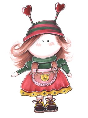 Kafasında kalpler olan bir domuzu tasvir eden kahverengi saçlı ve kırmızı önlüklü bir bebek resmi.