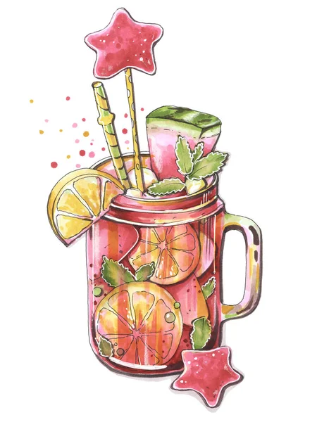 Sketch Markers Cartoon Style Bright Sweet Drink Red Lemonade Watermelons — Stock Photo, Image