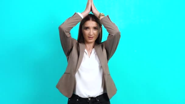 I am safe. Happy satisfied young woman in business style jacket showing — Stock Video