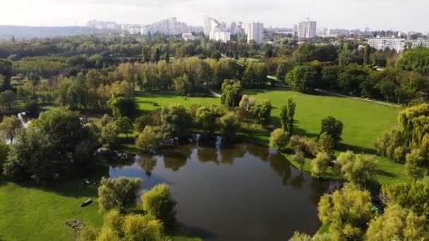 Vista aérea com drone sobre uma cidade, Casa localizada no meio do parque — Vídeo de Stock