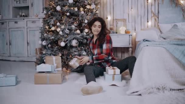 A chalky fiatal nő ül a kisállat mellett a nappaliban, előkészíti a karácsonyi ajándékokat a karácsonyfa mellett. — Stock videók