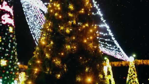 Feriado decorado árvore de Natal verde com brinquedos, bolas coloridas, guirlandas elétricas, espumante e piscando . — Vídeo de Stock