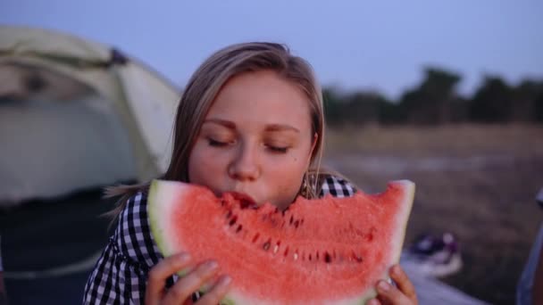 大きな笑顔でカメラの美しい女性の前で日没のピクニック時間を探して. — ストック動画