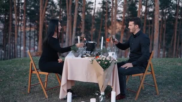 エレガントなカップルは屋外でディナーを提供し、シャンパンのグラスをすすります。自然の中でのライフスタイル、結婚提案。カップルのためのロマンチックな装飾 — ストック動画