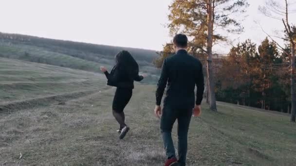 Счастливая пара гуляет по зеленому лугу природы под чудесным светом заката, счастливая женщина прыгает. Он ходит, он поворачивается, он ходит тихо и смотрит на нее с восхищением. Обратная рамка — стоковое видео