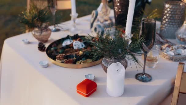 Den perfekta inramningen för ett bord dekorerat med blommor, bestick, konfektioner och champagner, men betoningen ligger på ringboxen. Middag i naturen, bröllopsförslag — Stockvideo