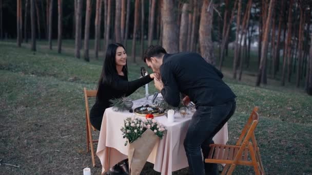 The man in love kisses the hand of the woman he loves with the engagement ring, during the romantic dinner in nature, the dinner in which he asked her for a wife. Lifestyle concept of young lovers — Stock Video