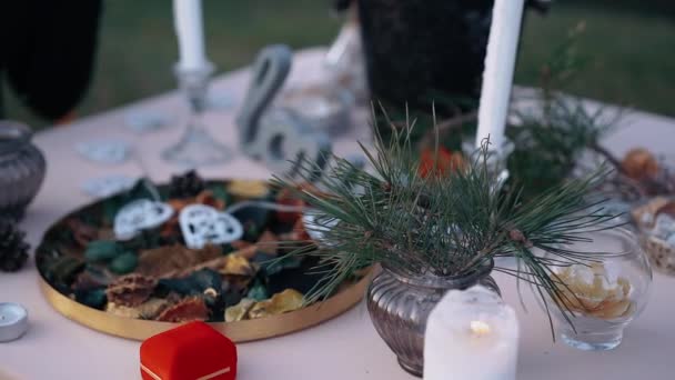 The close frame of a decor. Romantic dinner with candles and ring box, in the bosom of nature. Wedding proposal. Lifestyle concept of young lovers — Stock Video