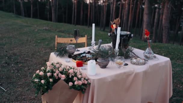 キャンドル、リングボックス、シャンパン、カトラリーと自然の中でロマンチックなディナーのための完璧な設定 — ストック動画