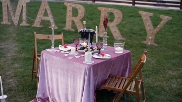 Romantic setting, outdoors, on the green meadow, romantic table with candles, cutlery and champagne, ready to apply for marriage. 4k portrait — Stock Video