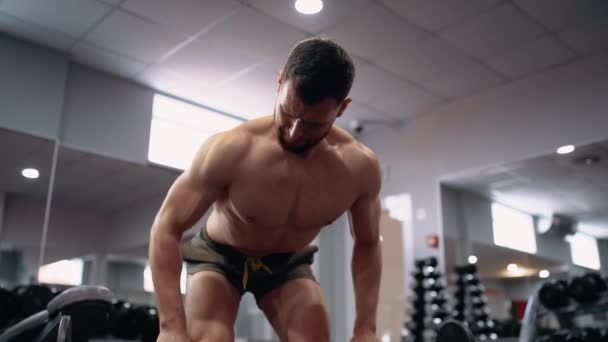 Cadre étroit, en face, de l'entraîneur dédié qui démontre comment effectuer des haltères correctement, dans la salle de gym. Intense énergie masculine. Mode de vie sain. Concept sportif — Video